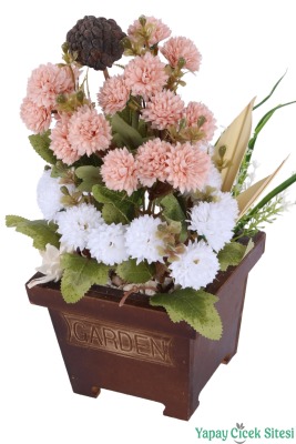 Yapay Çiçek Sitesi Ahşap Garden Saksıda Yapay Top Krizantem Tanzimi 32 cm - 23