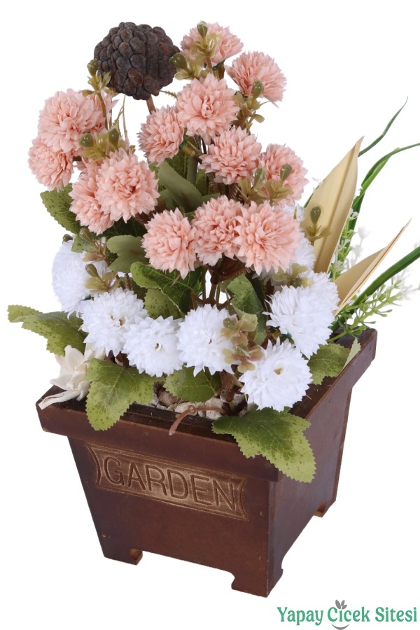 Yapay Çiçek Sitesi Ahşap Garden Saksıda Yapay Top Krizantem Tanzimi 32 cm - 23