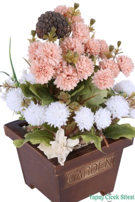 Yapay Çiçek Sitesi Ahşap Garden Saksıda Yapay Top Krizantem Tanzimi 32 cm - 24
