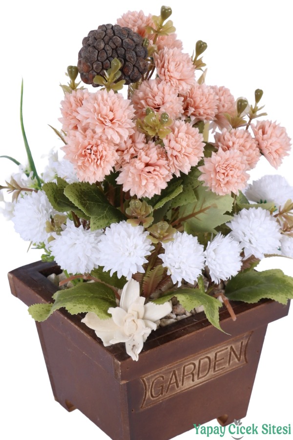 Yapay Çiçek Sitesi Ahşap Garden Saksıda Yapay Top Krizantem Tanzimi 32 cm - 24