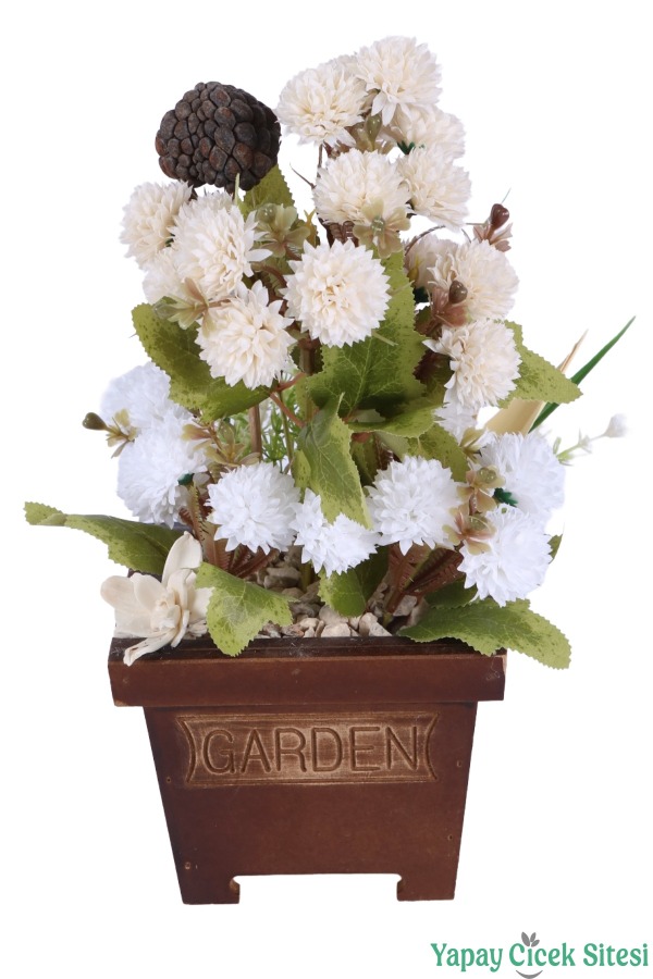 Yapay Çiçek Sitesi Ahşap Garden Saksıda Yapay Top Krizantem Tanzimi 32 cm - 26