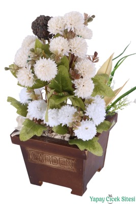 Yapay Çiçek Sitesi Ahşap Garden Saksıda Yapay Top Krizantem Tanzimi 32 cm - 27