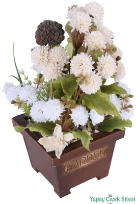 Yapay Çiçek Sitesi Ahşap Garden Saksıda Yapay Top Krizantem Tanzimi 32 cm - 28