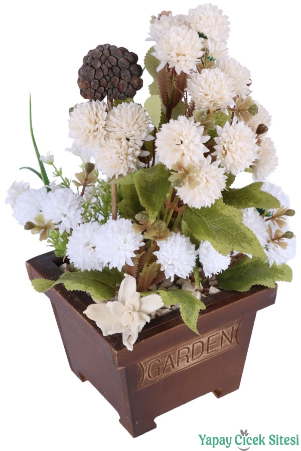 Yapay Çiçek Sitesi Ahşap Garden Saksıda Yapay Top Krizantem Tanzimi 32 cm - 28