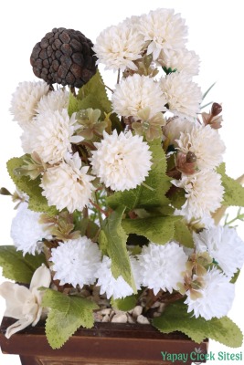 Yapay Çiçek Sitesi Ahşap Garden Saksıda Yapay Top Krizantem Tanzimi 32 cm - 29