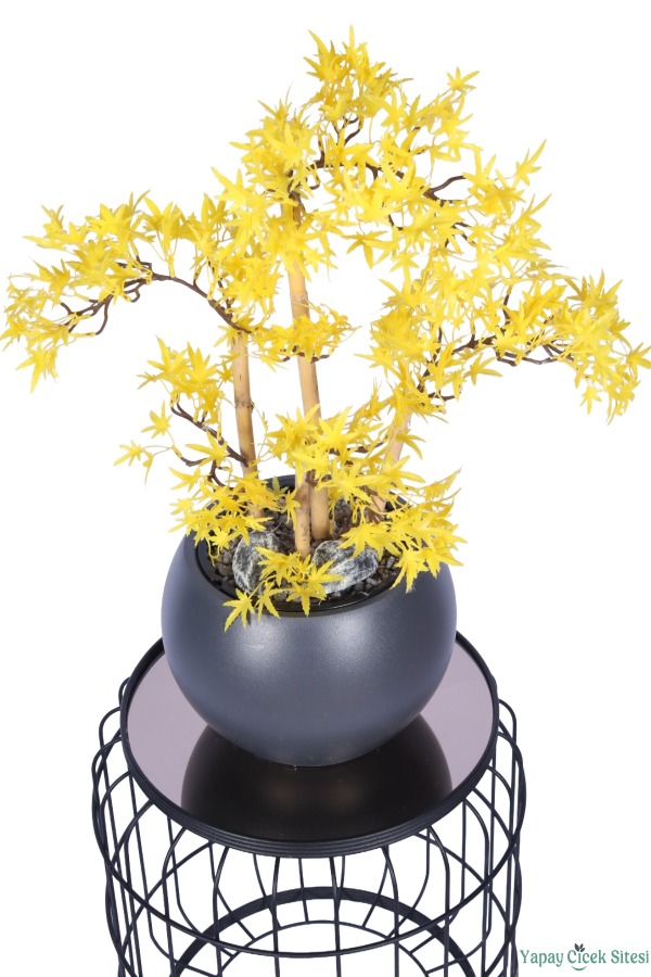 Antrasit Küre Saksıda Modern Minimal Tasarım Yapay Bonsai Ağacı Sarı 65 cm - 5