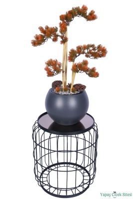 Antrasit Küre Saksıda Modern Minimal Tasarım Yapay Bonsai Ağacı Turuncu 65 cm - 3