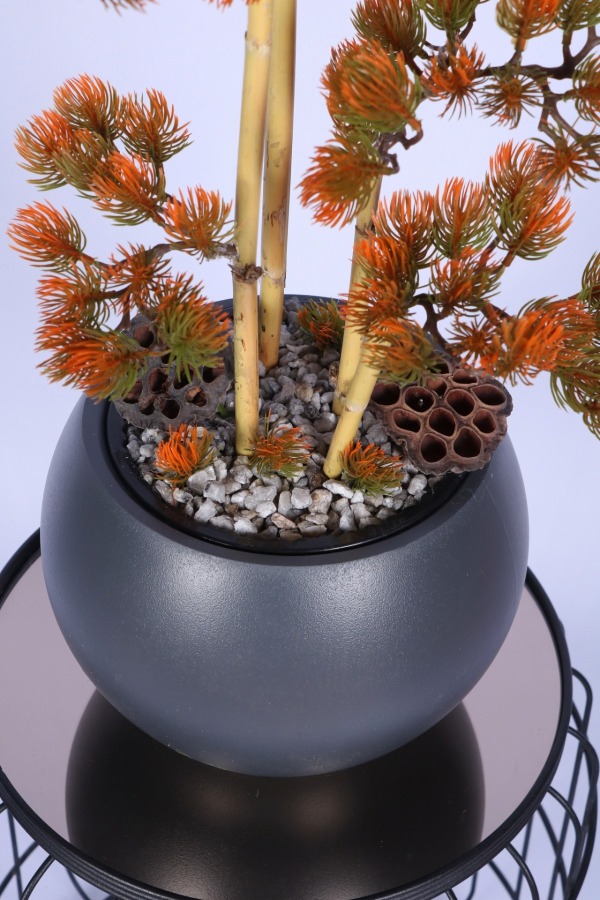 Antrasit Küre Saksıda Modern Minimal Tasarım Yapay Bonsai Ağacı Turuncu 65 cm - 5