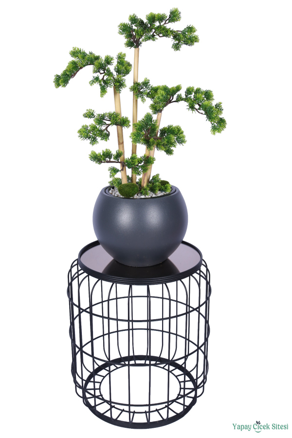 Antrasit Küre Saksıda Modern Minimal Tasarım Yapay Bonsai Ağacı Yeşil 65 cm - 2
