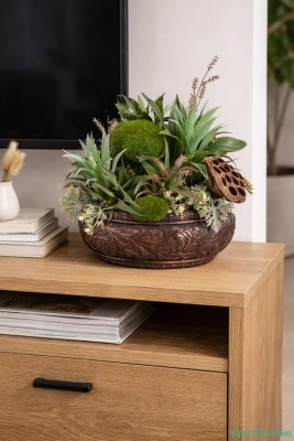 Beton Dekoratif Saksıda Bitkili Aranjman Model 2 - Yapay Çiçek Sitesi