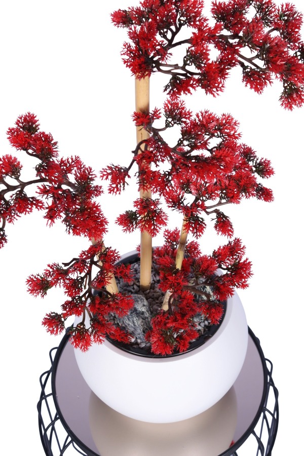 Beyaz Küre Saksıda Modern Minimal Tasarım Yapay Bonsai Ağacı Kırmızı 65 cm - 3