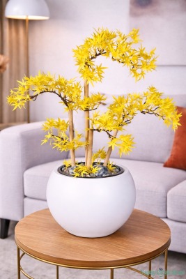 Beyaz Küre Saksıda Modern Minimal Tasarım Yapay Bonsai Ağacı Sarı 65 cm - Yapay Çiçek Sitesi