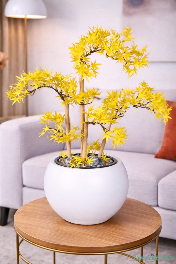 Beyaz Küre Saksıda Modern Minimal Tasarım Yapay Bonsai Ağacı Sarı 65 cm - 1
