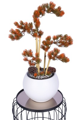 Beyaz Küre Saksıda Modern Minimal Tasarım Yapay Bonsai Ağacı Turuncu 65 cm - 2