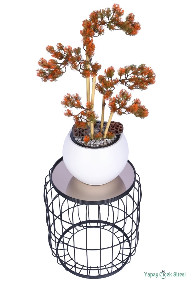 Beyaz Küre Saksıda Modern Minimal Tasarım Yapay Bonsai Ağacı Turuncu 65 cm - 3