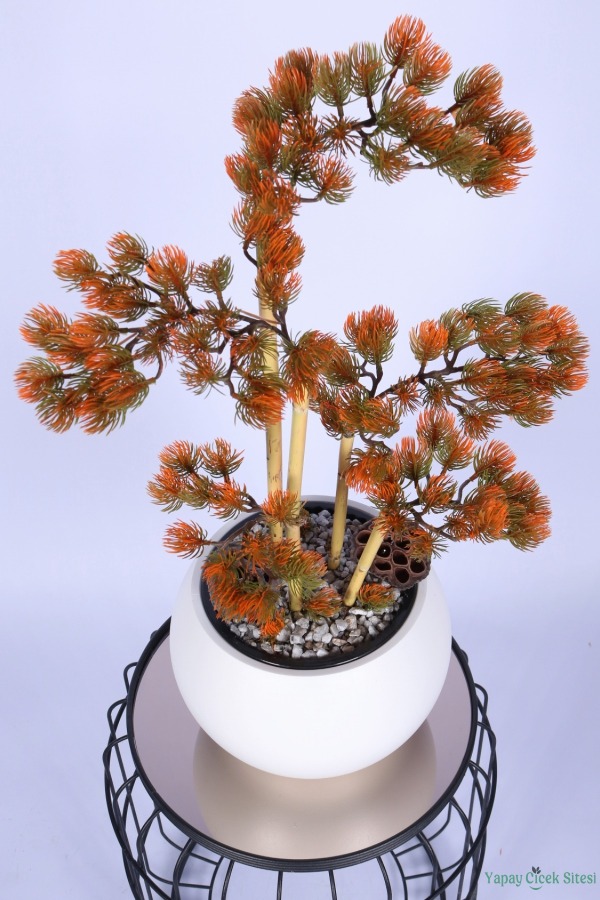 Beyaz Küre Saksıda Modern Minimal Tasarım Yapay Bonsai Ağacı Turuncu 65 cm - 4