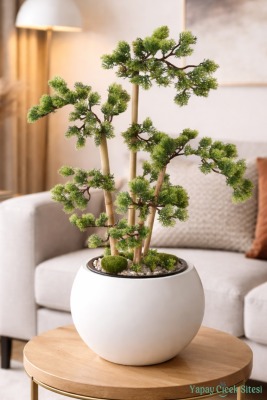 Beyaz Küre Saksıda Modern Minimal Tasarım Yapay Bonsai Ağacı Yeşil 65 cm - Yapay Çiçek Sitesi