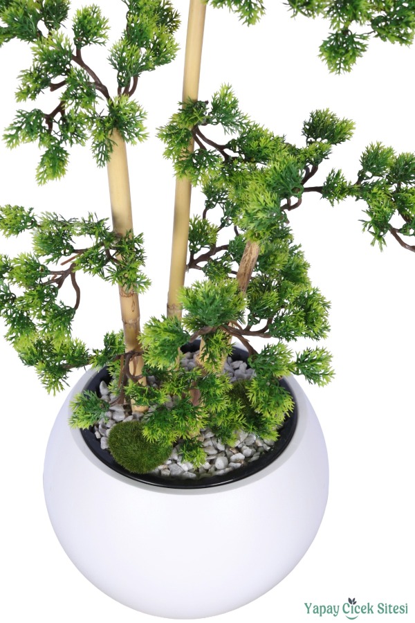 Beyaz Küre Saksıda Modern Minimal Tasarım Yapay Bonsai Ağacı Yeşil 65 cm - 4