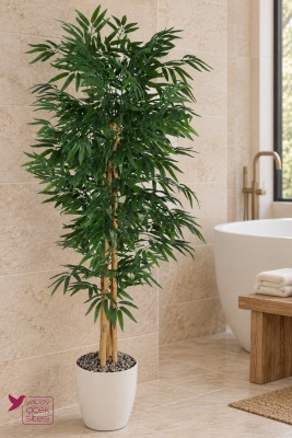 Beyaz Saksıda 5 Gövdeli Yapay Bambu Ağacı 160 cm Banyo Spa ve Güzellik Merkezi Dekorasyonu - Yapay Çiçek Sitesi