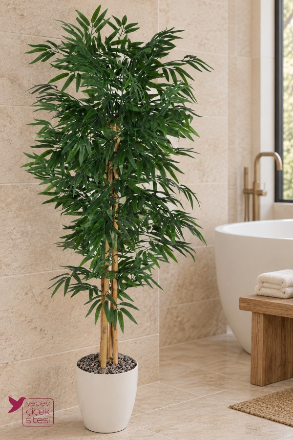 Beyaz Saksıda 5 Gövdeli Yapay Bambu Ağacı 160 cm Banyo Spa ve Güzellik Merkezi Dekorasyonu - 1