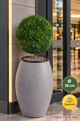Gri Fiber Saksıda Dekoratif Kaliteli Yapay Top Şimşir UV Dayanımlı 110 cm - Yapay Çiçek Sitesi