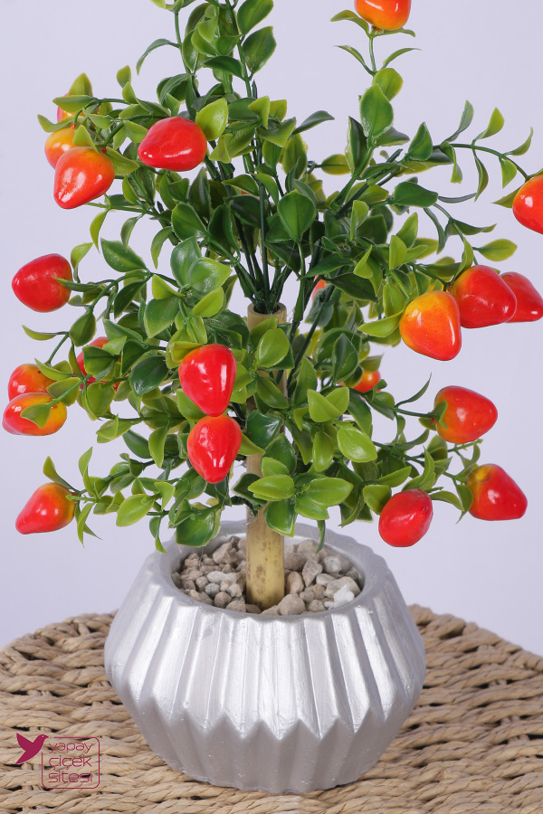 Gümüş Beton Saksıda Yapay Mini Çilek Ağacı Tanzimi 35 cm - 3
