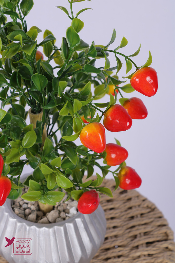 Gümüş Beton Saksıda Yapay Mini Çilek Ağacı Tanzimi 35 cm - 4