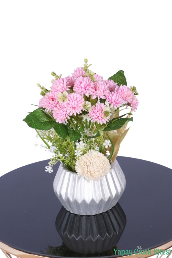 Gümüş Beton Saksıda Yapay Tomurcuklu Krizantem Tanzimi 28 cm Açık Pembe - 1