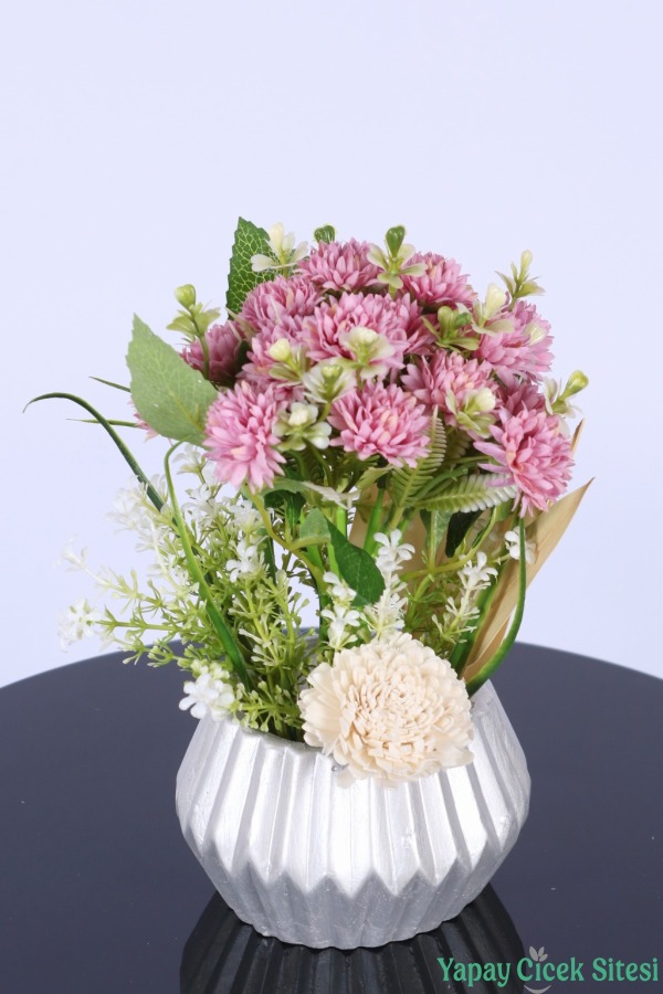 Gümüş Beton Saksıda Yapay Tomurcuklu Krizantem Tanzimi 28 cm Pembe - 1
