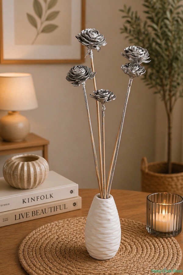 Kuru Çiçek Doğal Cedar Rose Gül 40 Cm 5li Gümüş - 1