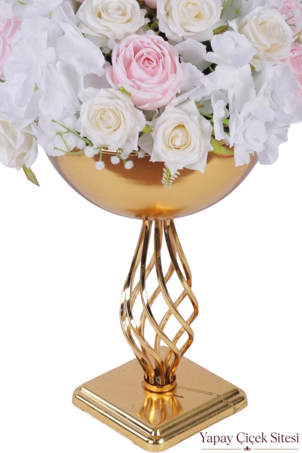 Metal Altın Burgulu Vazoda Yapay Gül Tanzimi 55 cm - 2