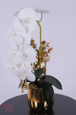 Metal Altın Saksıda Yapay Premium Orkide Tanzimi 50 cm Beyaz Sarı - 2