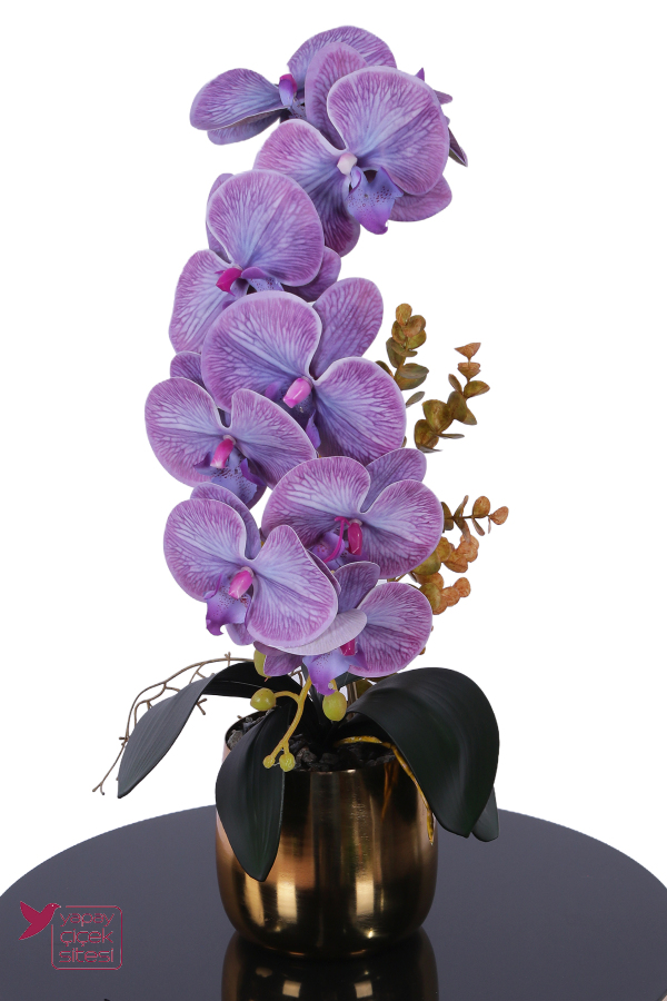 Metal Altın Saksıda Yapay Premium Orkide Tanzimi 50 cm Lila Mor - 1