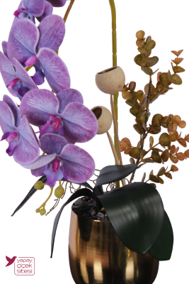 Metal Altın Saksıda Yapay Premium Orkide Tanzimi 50 cm Lila Mor - 3