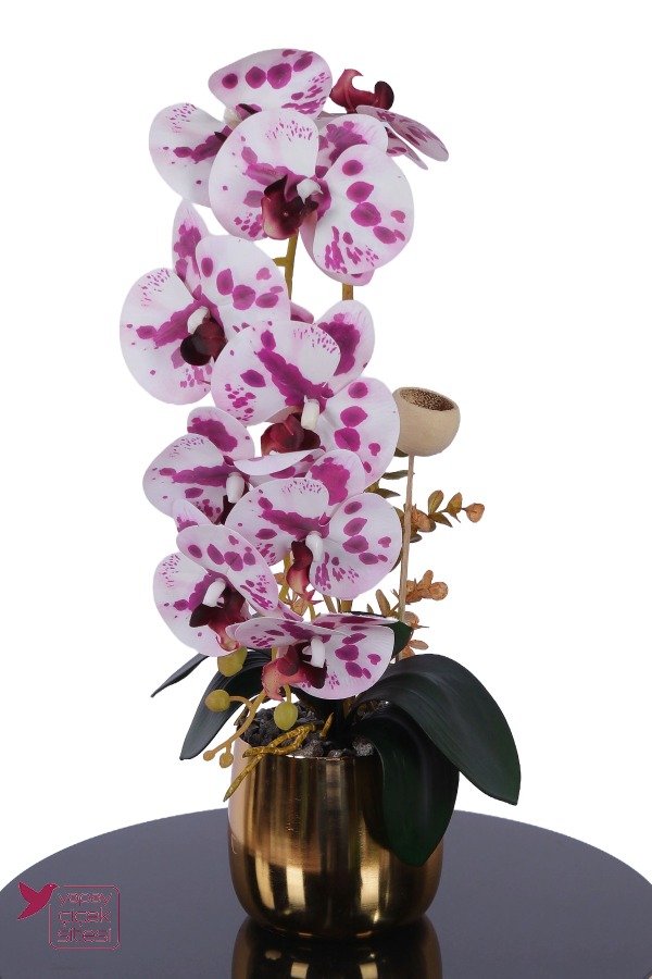 Metal Altın Saksıda Yapay Premium Orkide Tanzimi 50 cm Mor Benekli - 1