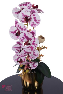 Metal Altın Saksıda Yapay Premium Orkide Tanzimi 50 cm Mor Benekli - 2