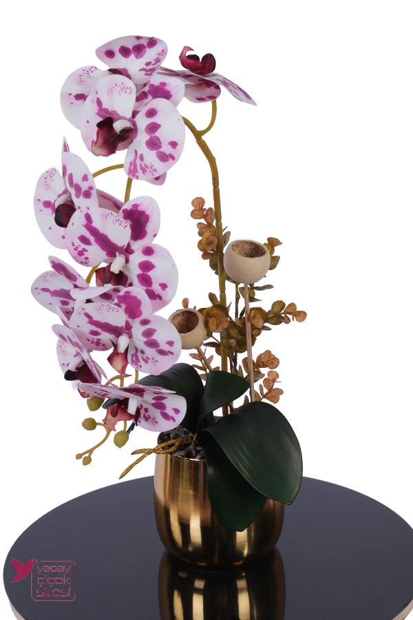 Metal Altın Saksıda Yapay Premium Orkide Tanzimi 50 cm Mor Benekli - 4