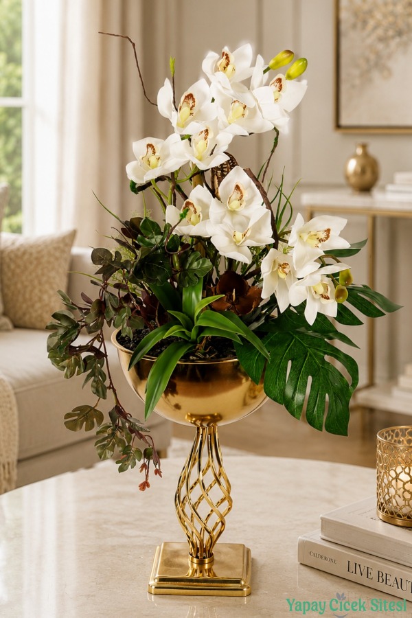 Metal Altın Vazoda Cymbidium Orkide Tanzimi 80cm Beyaz - 1
