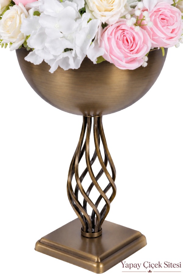 Metal Bronz Burgulu Vazoda Yapay Gül Tanzimi 55 cm - 2