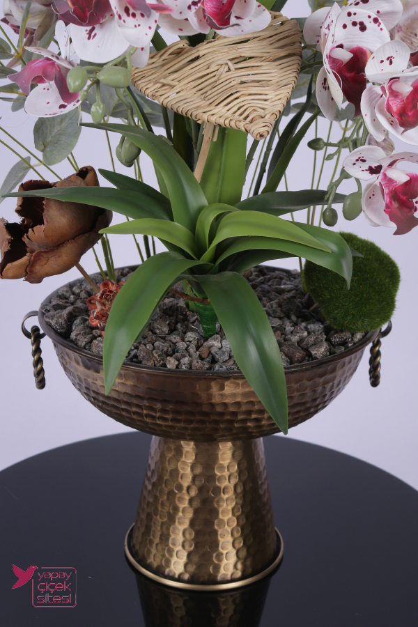 Metal Bronz Küpeli Saksıda Yapay Tropikal Orkide Bahçesi Tanzimi 60 cm Beyaz Bordo Benekli - 5