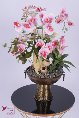 Metal Bronz Küpeli Saksıda Yapay Tropikal Orkide Bahçesi Tanzimi 60 cm Pembe Beyaz - Yapay Çiçek Sitesi
