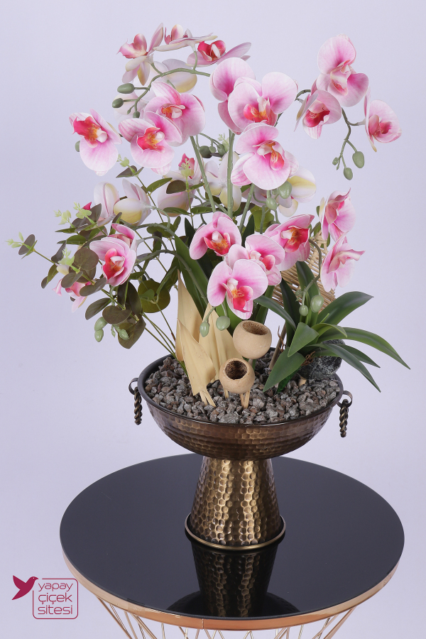 Metal Bronz Küpeli Saksıda Yapay Tropikal Orkide Bahçesi Tanzimi 60 cm Pembe Beyaz - 1