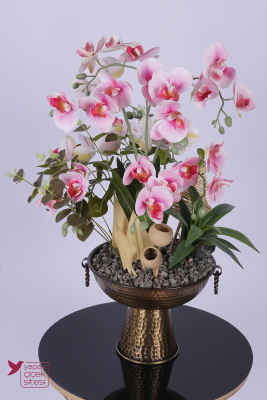Metal Bronz Küpeli Saksıda Yapay Tropikal Orkide Bahçesi Tanzimi 60 cm Pembe Beyaz - 2