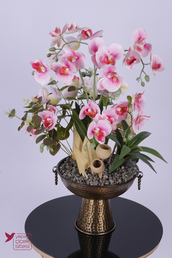 Metal Bronz Küpeli Saksıda Yapay Tropikal Orkide Bahçesi Tanzimi 60 cm Pembe Beyaz - 2