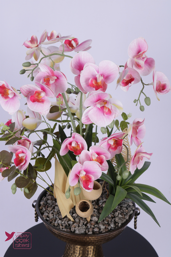 Metal Bronz Küpeli Saksıda Yapay Tropikal Orkide Bahçesi Tanzimi 60 cm Pembe Beyaz - 3