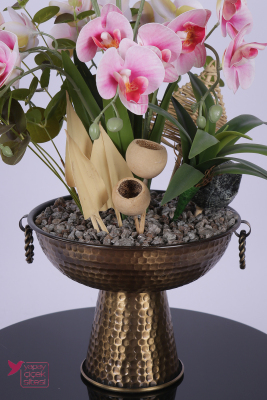 Metal Bronz Küpeli Saksıda Yapay Tropikal Orkide Bahçesi Tanzimi 60 cm Pembe Beyaz - 4
