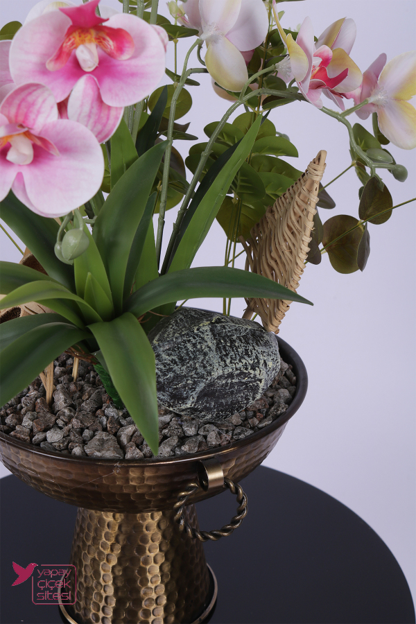 Metal Bronz Küpeli Saksıda Yapay Tropikal Orkide Bahçesi Tanzimi 60 cm Pembe Beyaz - 5
