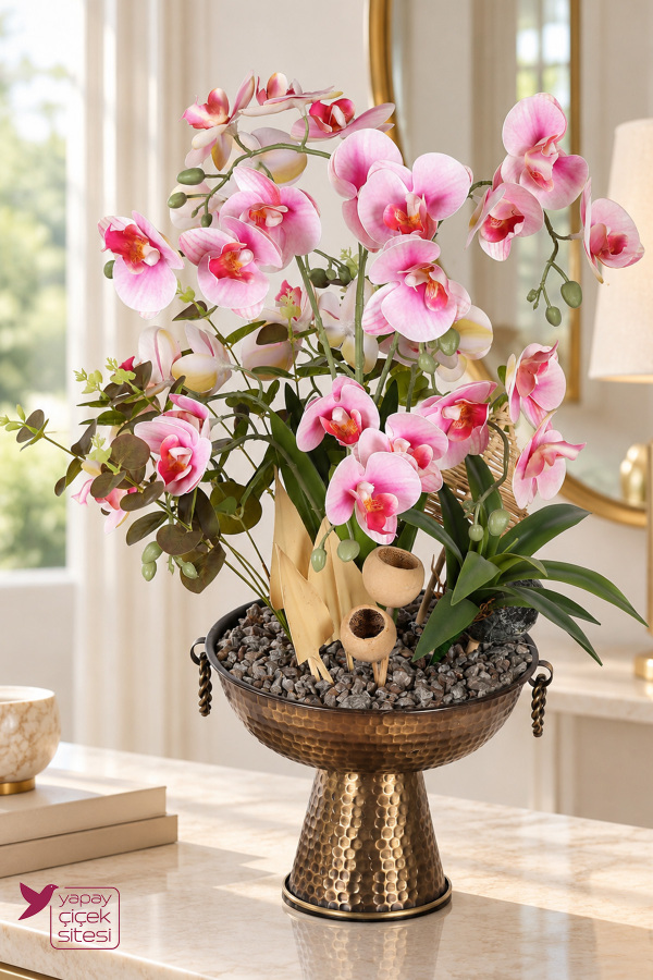 Metal Bronz Küpeli Saksıda Yapay Tropikal Orkide Bahçesi Tanzimi 60 cm Pembe Beyaz - 6