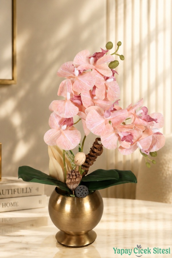 Metal Bronz Küre Saksıda Orkide Tanzimi 43 cm Somon - 1