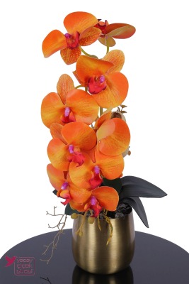 Metal Bronz Saksıda Yapay Premium Orkide Tanzimi 50 cm Canlı Turuncu - Yapay Çiçek Sitesi